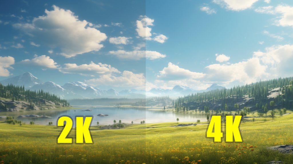 A comparison of 2K and 4K image quality, showing the difference in pixel density and display quality